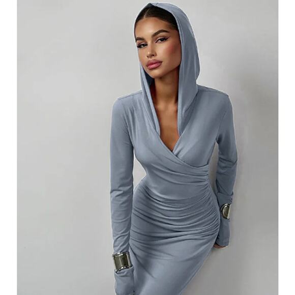 Elegant V Neck Hooded Bodycon Maxi Dress | Size Small - Picture 1 of 7